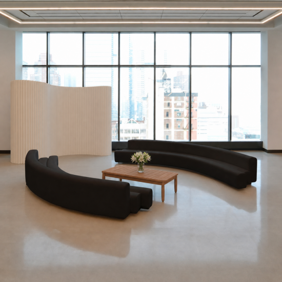 Osaka modular furniture sofa for hire_Black in situ image with room divider for events