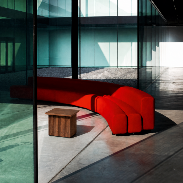 Osaka modular furniture sofa for hire_Red in situ image with Terra side table for events Osaka modular furniture sofa for hire_Red in situ image with Terra side table for events