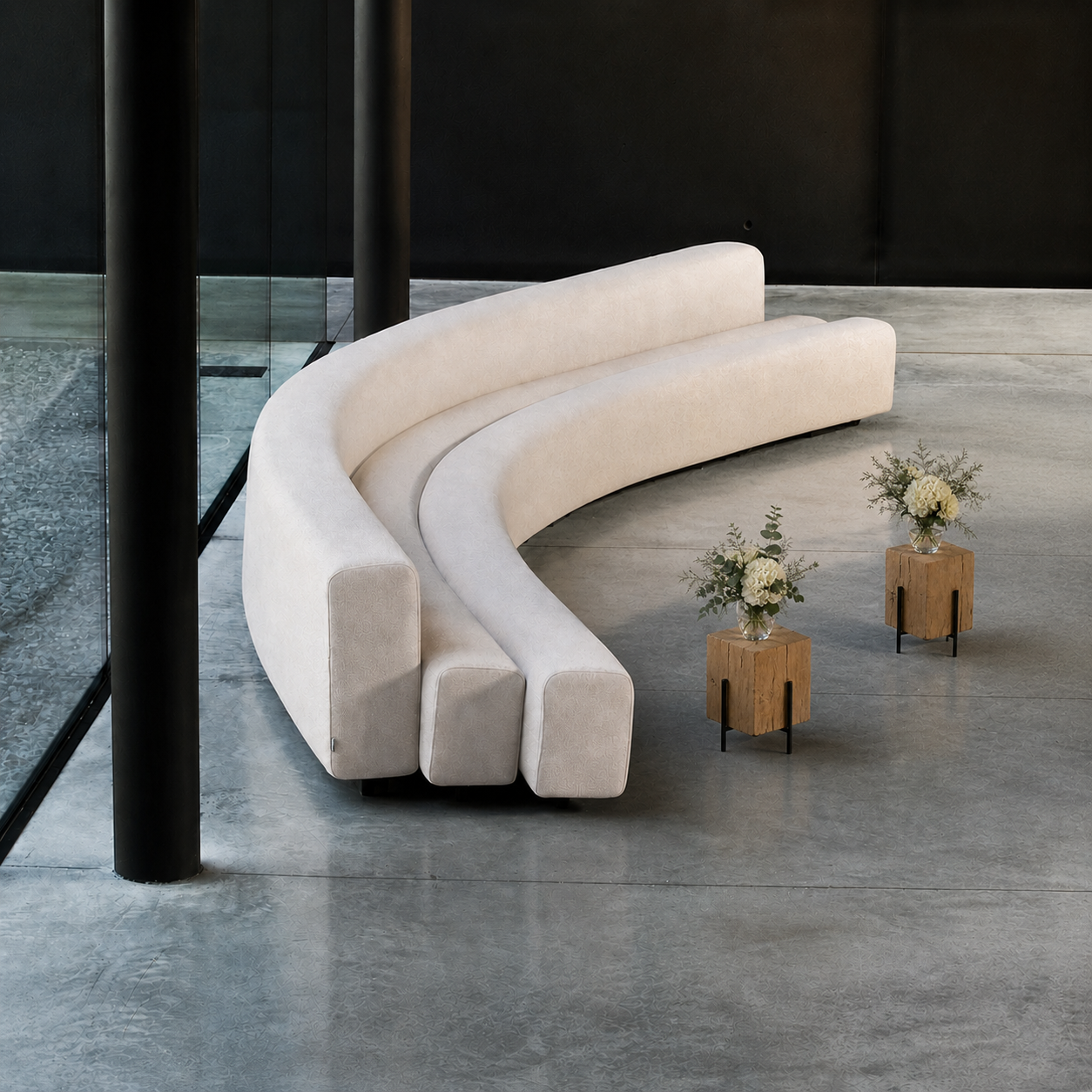 Osaka white modular sofa in situ image. White XL sofa for hire for event hire furniture.