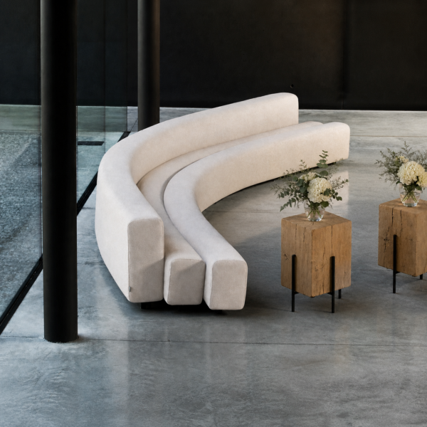 Osaka white modular sofa in situ image. White XL sofa for hire for event hire furniture. Osaka white modular sofa in situ image. White XL sofa for hire for event hire furniture