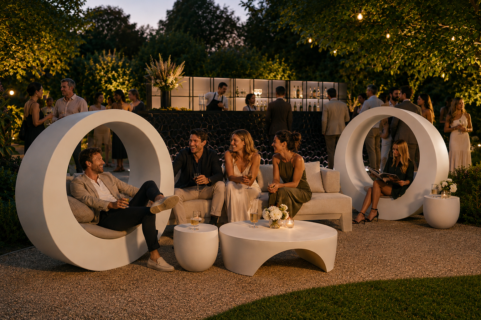 O. Abstract Seats for hire. Chair hire London modern sleek luxury stylish chair hire for events in garden party event