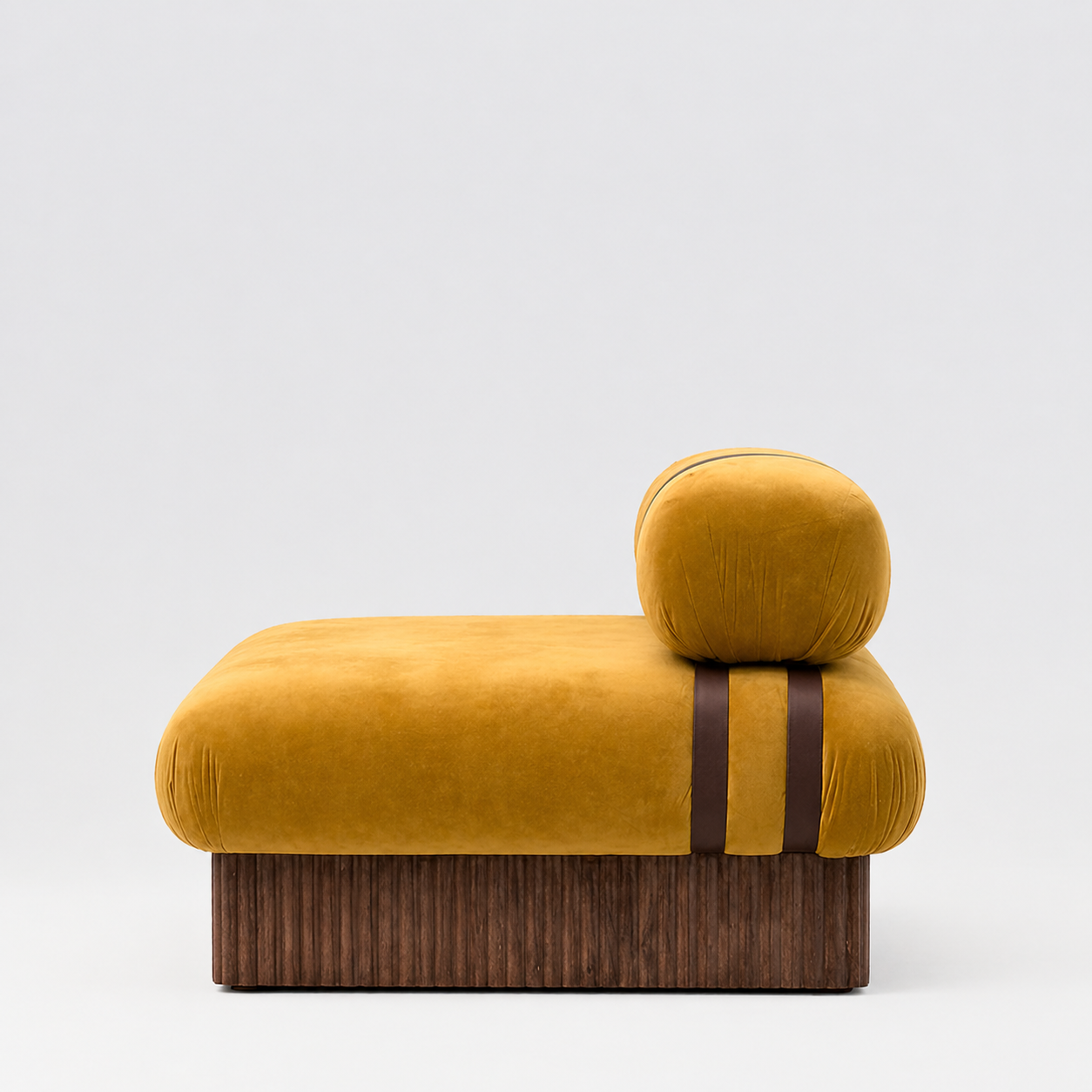 Velvet yellow armchair for hire side angle