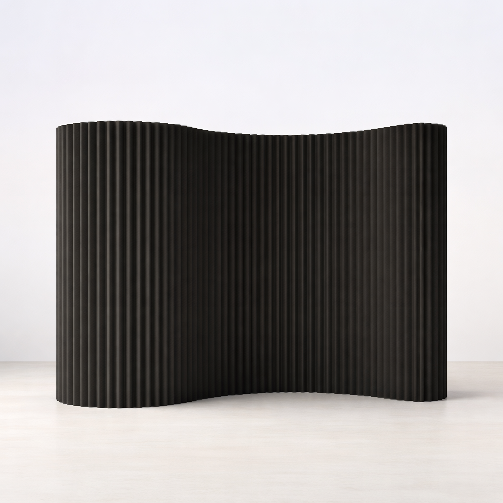 Curved black ribbed partition wall room divider for hire. hire room dividers for events in London
