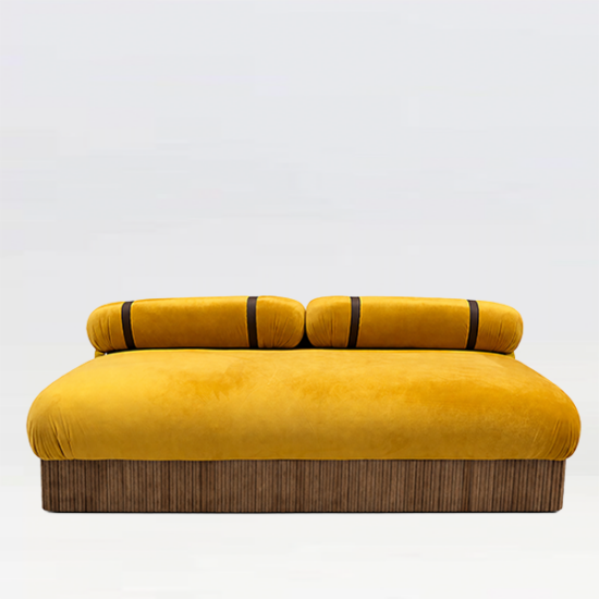 Bougie Rockstar yellow sofa for hire straight on image