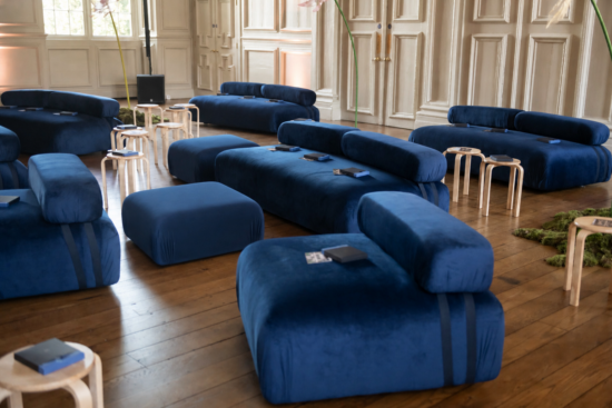 Bougie Buddy Ottoman for hire_event hire furniture. Modular velvet furniture in Navy blue in situ shot