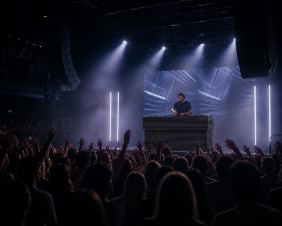 Slate grey black DJ booth for hire. event furniture hire DJ booth, front angle view