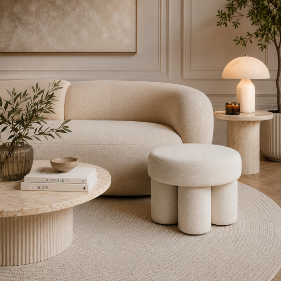 Mila Footstool. Luxury lounge furniture for hire UK. Lounge furniture hire London. Sherpa fleece furniture hire. Cream furniture hire UK, cream furniture hire London.