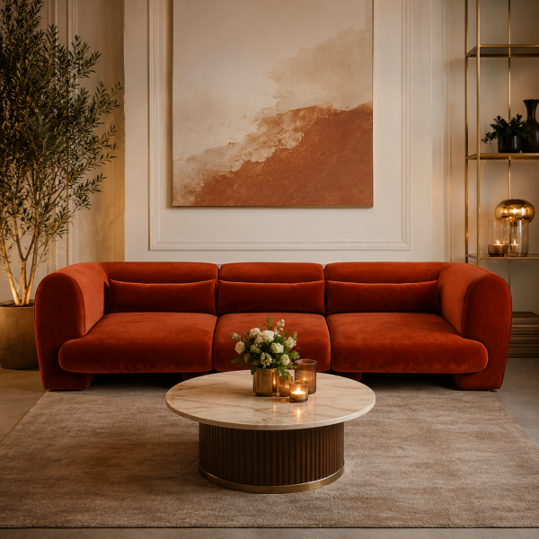 Orange velvet sofa hire London, orange sofa hire UK, velvet furniture hire London, velvet furniture hire UK. Event furniture hire. Hire furniture for events in London