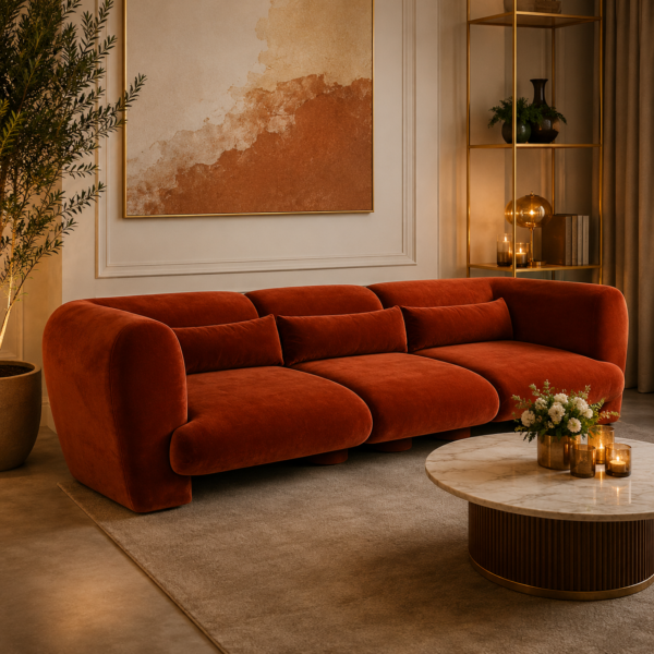 Orange velvet sofa hire London, orange sofa hire UK, velvet furniture hire London, velvet furniture hire UK. Event furniture hire. Hire furniture for events in London