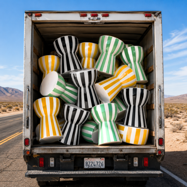 rock candies stacked in truck edited Bright furniture for hire in London, Colour furniture hire London, Bright furniture for hire in the UK, Colour furniture hire UK, green furniture hire, yellow furniture hire, striped furniture hire